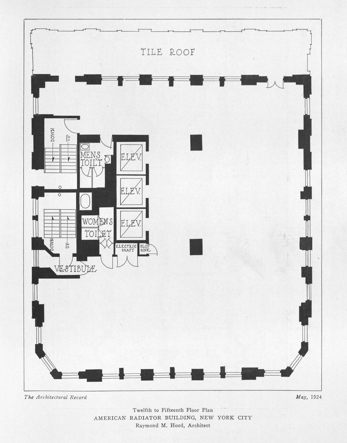 A typical floor plan of stories twelve through fifteen. There are many windows on all four sides of the skyscraper. Th floor space is mostly open, with just two small columns in the center. Tucked against the left wall are the service areas such as the elevator shafts, staircases, and restrooms.